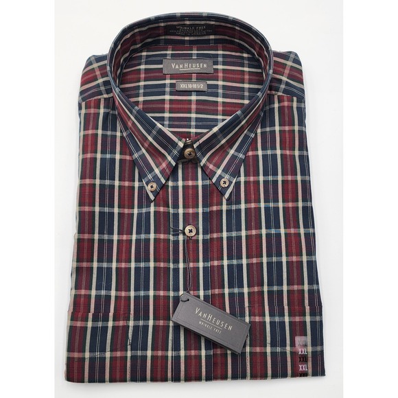 Van Heusen Other - Van Heusen Button Down Shirt Mens XXL Burgundy Plaid New Wrinkle Free Broadcloth